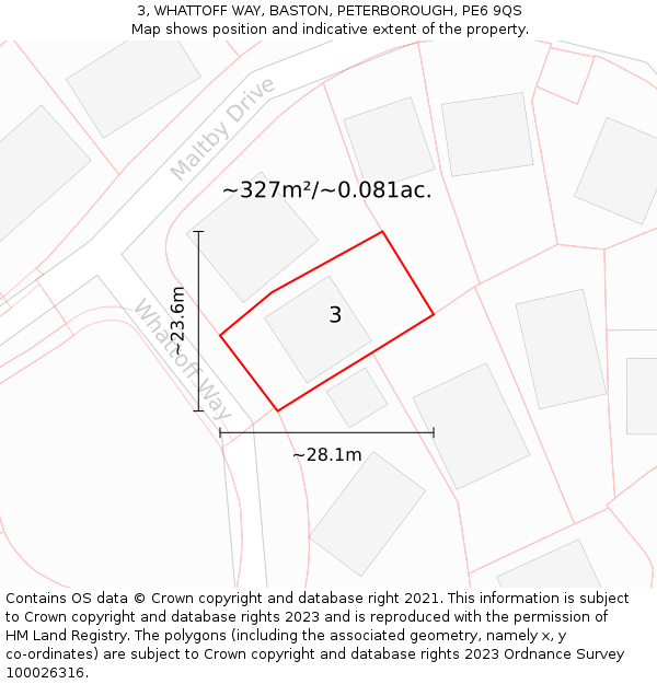 3, WHATTOFF WAY, BASTON, PETERBOROUGH, PE6 9QS: Plot and title map