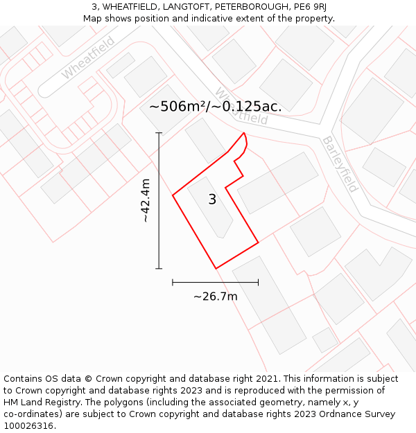3, WHEATFIELD, LANGTOFT, PETERBOROUGH, PE6 9RJ: Plot and title map