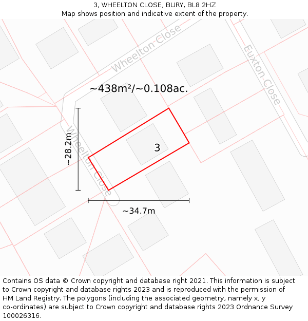 3, WHEELTON CLOSE, BURY, BL8 2HZ: Plot and title map