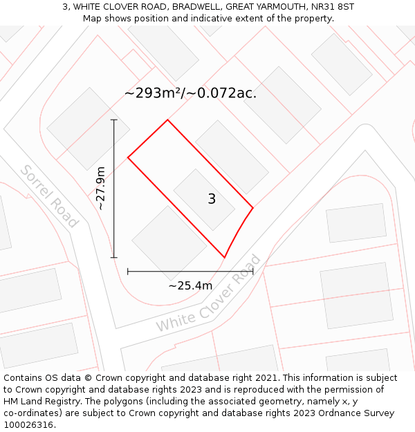 3, WHITE CLOVER ROAD, BRADWELL, GREAT YARMOUTH, NR31 8ST: Plot and title map