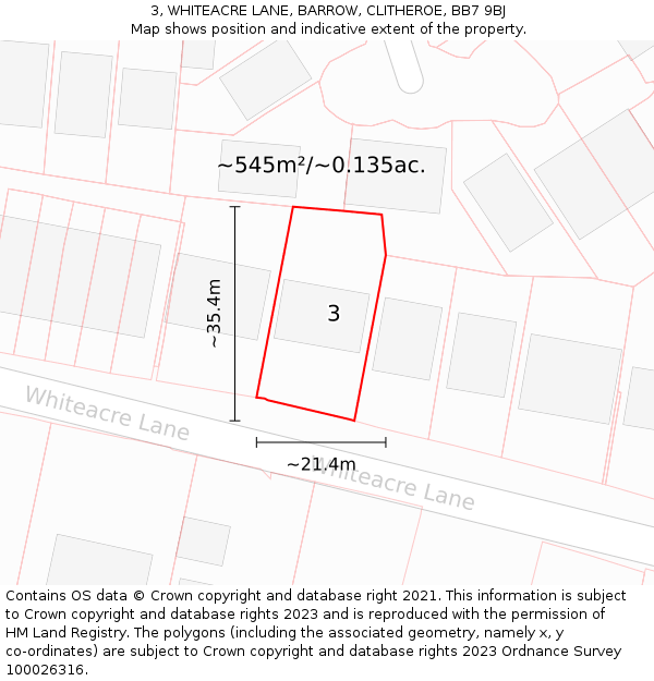 3, WHITEACRE LANE, BARROW, CLITHEROE, BB7 9BJ: Plot and title map