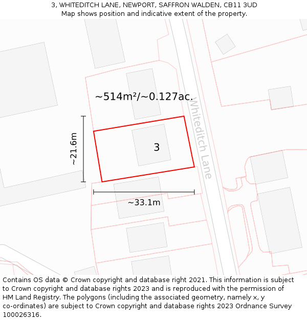 3, WHITEDITCH LANE, NEWPORT, SAFFRON WALDEN, CB11 3UD: Plot and title map