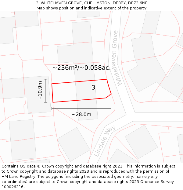 3, WHITEHAVEN GROVE, CHELLASTON, DERBY, DE73 6NE: Plot and title map