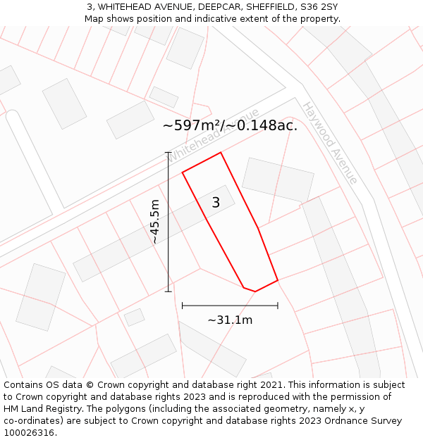 3, WHITEHEAD AVENUE, DEEPCAR, SHEFFIELD, S36 2SY: Plot and title map
