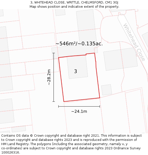 3, WHITEHEAD CLOSE, WRITTLE, CHELMSFORD, CM1 3GJ: Plot and title map