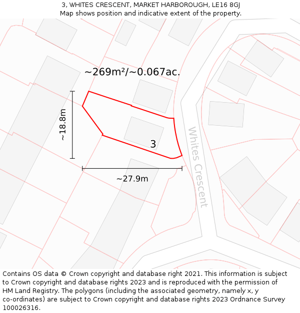 3, WHITES CRESCENT, MARKET HARBOROUGH, LE16 8GJ: Plot and title map