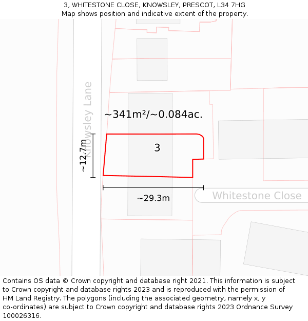 3, WHITESTONE CLOSE, KNOWSLEY, PRESCOT, L34 7HG: Plot and title map