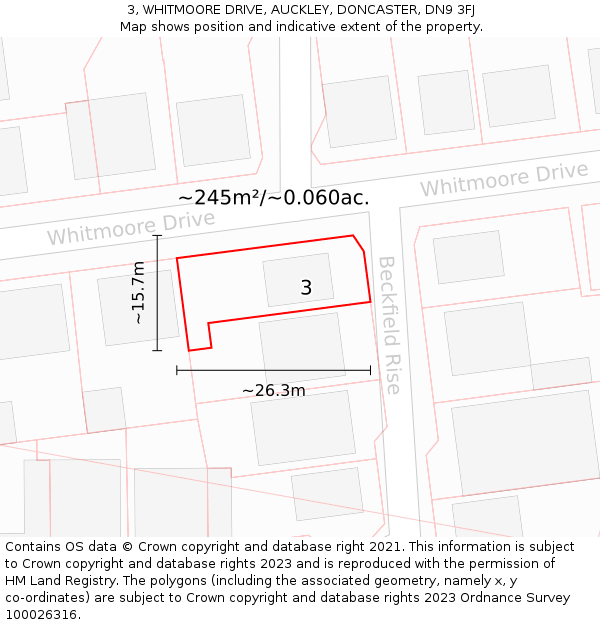3, WHITMOORE DRIVE, AUCKLEY, DONCASTER, DN9 3FJ: Plot and title map