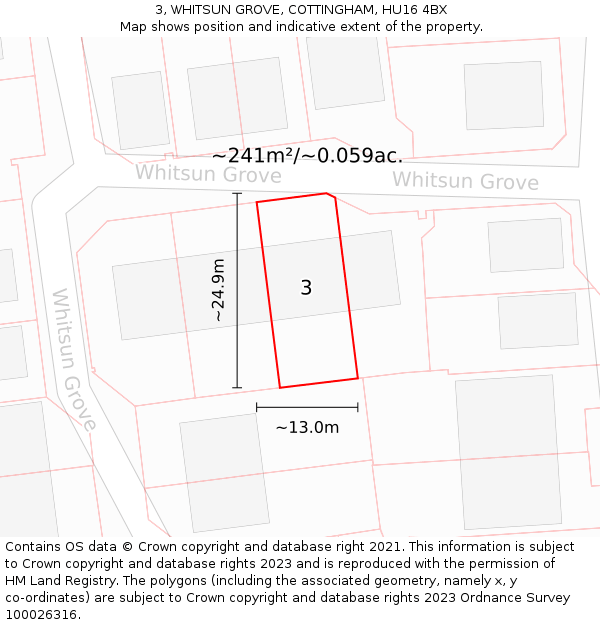 3, WHITSUN GROVE, COTTINGHAM, HU16 4BX: Plot and title map