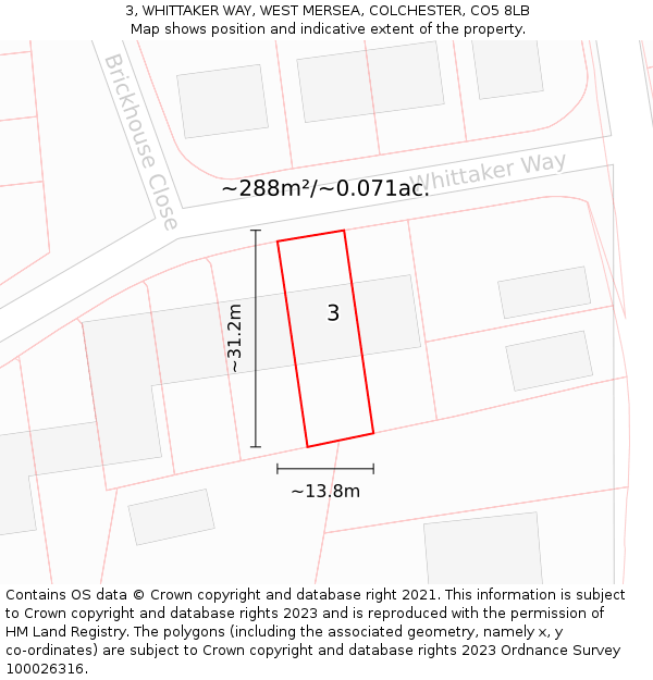 3, WHITTAKER WAY, WEST MERSEA, COLCHESTER, CO5 8LB: Plot and title map
