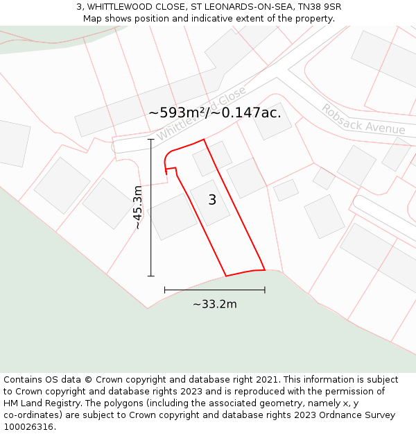 3, WHITTLEWOOD CLOSE, ST LEONARDS-ON-SEA, TN38 9SR: Plot and title map