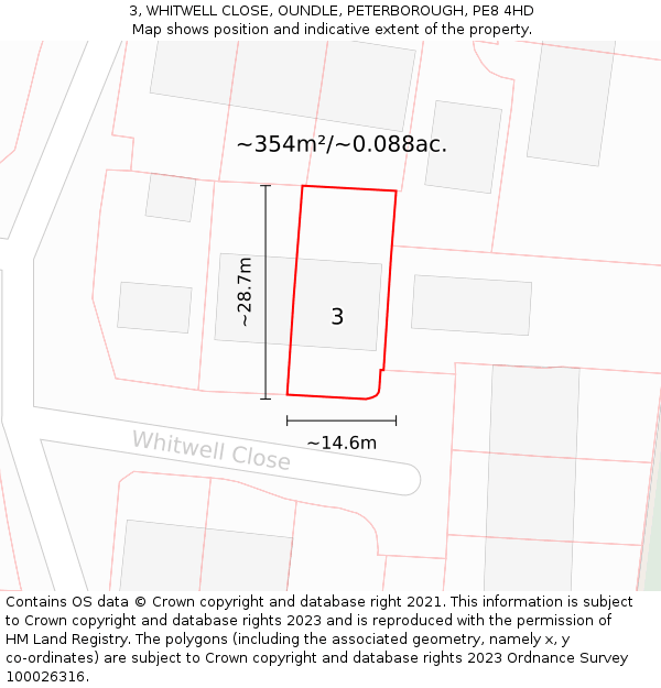 3, WHITWELL CLOSE, OUNDLE, PETERBOROUGH, PE8 4HD: Plot and title map