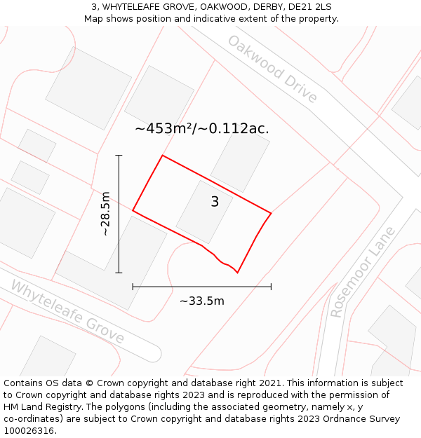 3, WHYTELEAFE GROVE, OAKWOOD, DERBY, DE21 2LS: Plot and title map