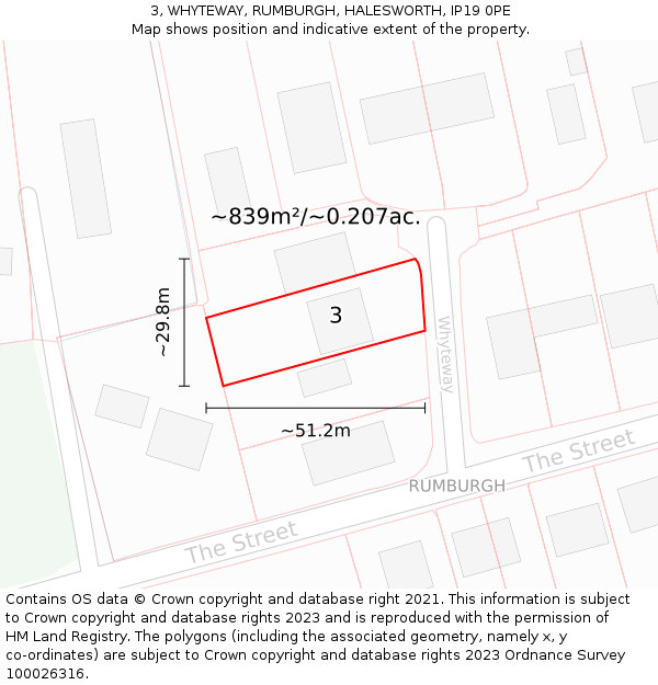 3, WHYTEWAY, RUMBURGH, HALESWORTH, IP19 0PE: Plot and title map