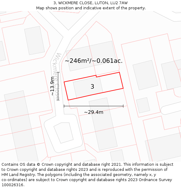 3, WICKMERE CLOSE, LUTON, LU2 7AW: Plot and title map