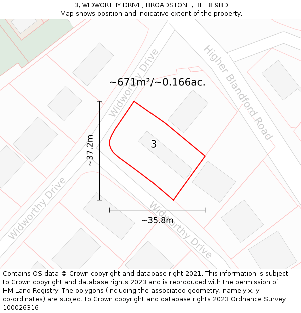 3, WIDWORTHY DRIVE, BROADSTONE, BH18 9BD: Plot and title map