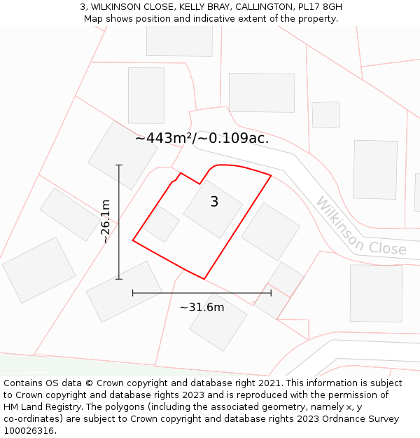 3, WILKINSON CLOSE, KELLY BRAY, CALLINGTON, PL17 8GH: Plot and title map