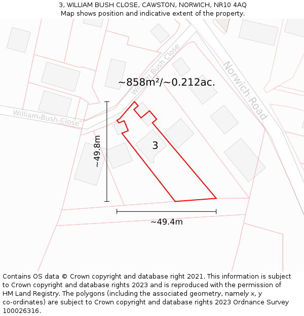 3, WILLIAM BUSH CLOSE, CAWSTON, NORWICH, NR10 4AQ: Plot and title map