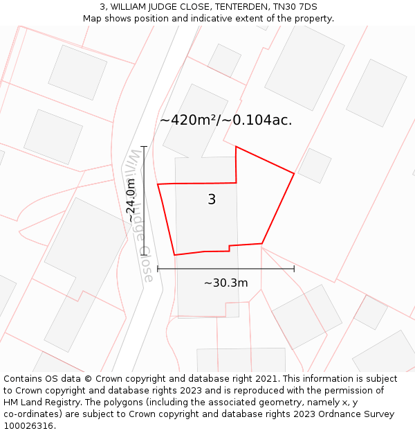 3, WILLIAM JUDGE CLOSE, TENTERDEN, TN30 7DS: Plot and title map