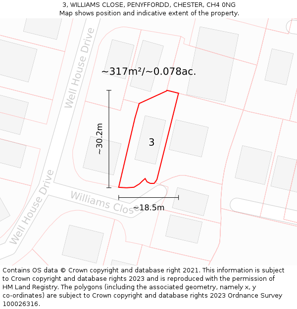 3, WILLIAMS CLOSE, PENYFFORDD, CHESTER, CH4 0NG: Plot and title map