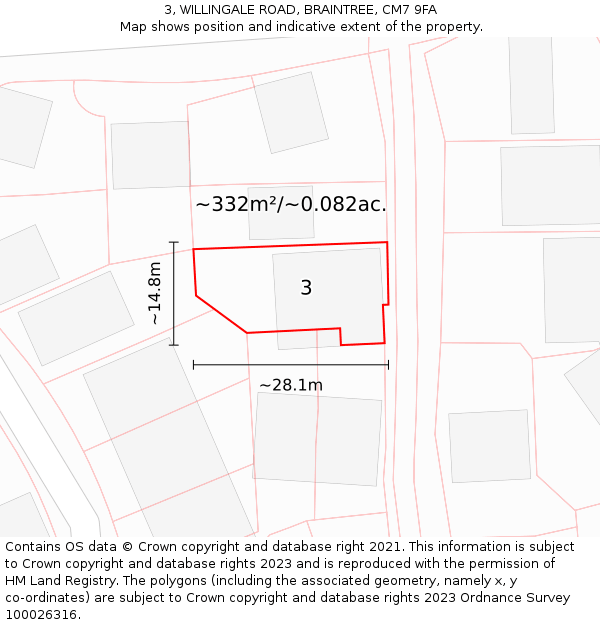 3, WILLINGALE ROAD, BRAINTREE, CM7 9FA: Plot and title map