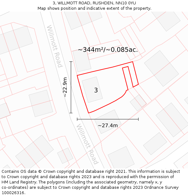 3, WILLMOTT ROAD, RUSHDEN, NN10 0YU: Plot and title map