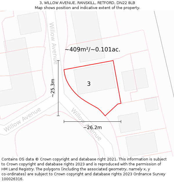 3, WILLOW AVENUE, RANSKILL, RETFORD, DN22 8LB: Plot and title map