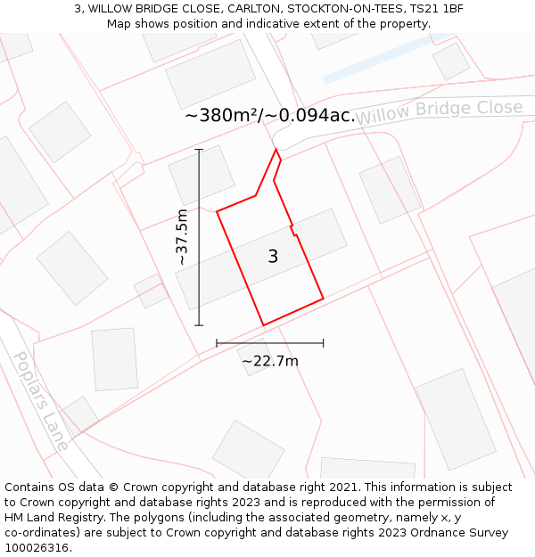 3, WILLOW BRIDGE CLOSE, CARLTON, STOCKTON-ON-TEES, TS21 1BF: Plot and title map