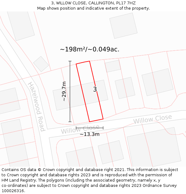 3, WILLOW CLOSE, CALLINGTON, PL17 7HZ: Plot and title map