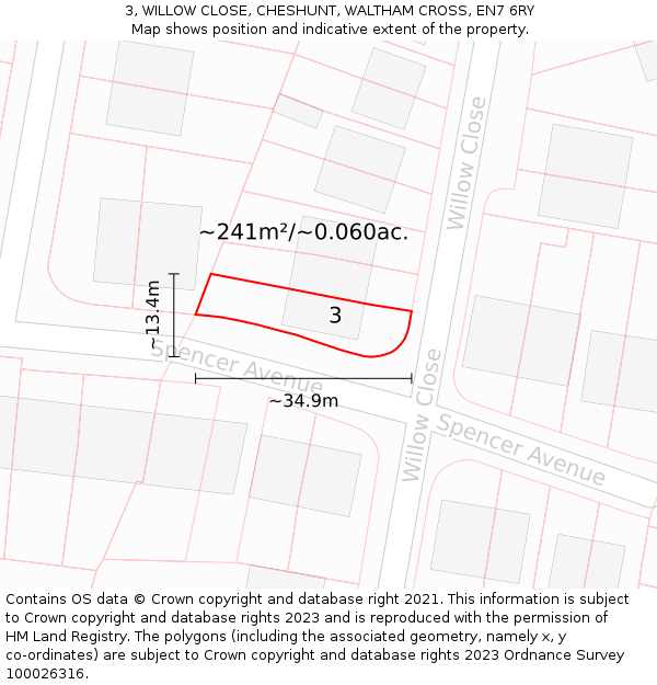 3, WILLOW CLOSE, CHESHUNT, WALTHAM CROSS, EN7 6RY: Plot and title map