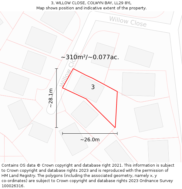 3, WILLOW CLOSE, COLWYN BAY, LL29 8YL: Plot and title map