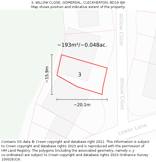3, WILLOW CLOSE, GOMERSAL, CLECKHEATON, BD19 4JA: Plot and title map