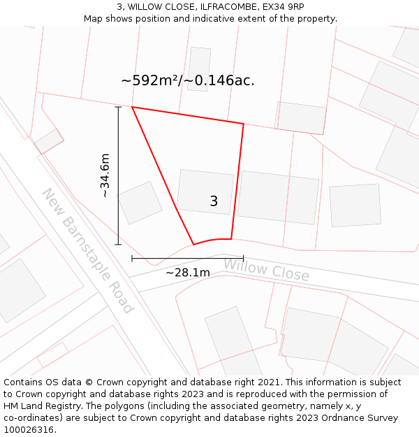 3, WILLOW CLOSE, ILFRACOMBE, EX34 9RP: Plot and title map