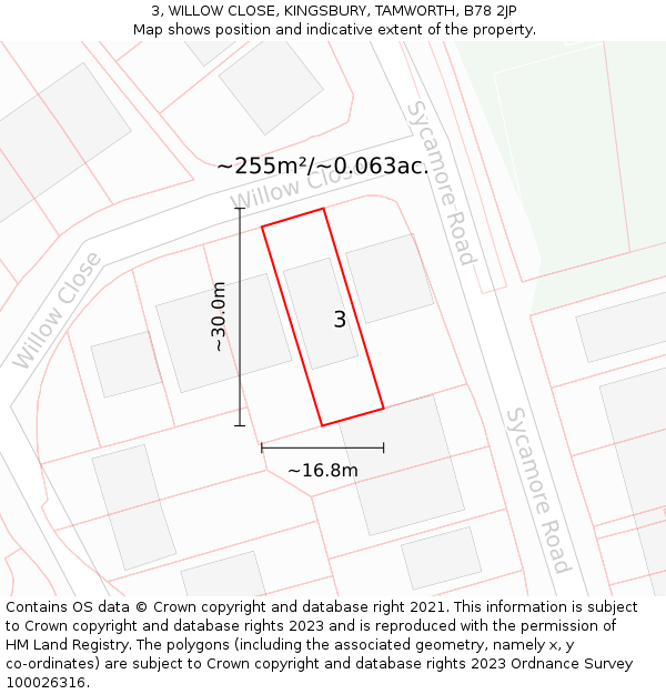 3, WILLOW CLOSE, KINGSBURY, TAMWORTH, B78 2JP: Plot and title map