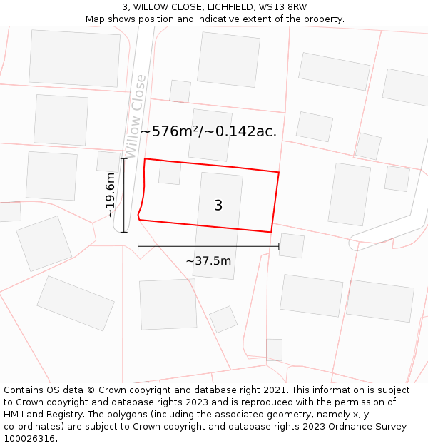 3, WILLOW CLOSE, LICHFIELD, WS13 8RW: Plot and title map
