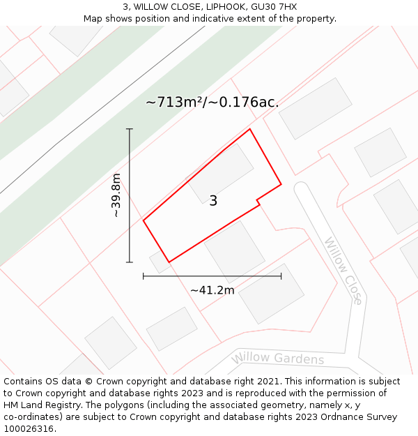 3, WILLOW CLOSE, LIPHOOK, GU30 7HX: Plot and title map