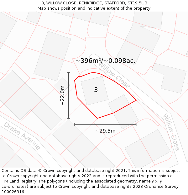 3, WILLOW CLOSE, PENKRIDGE, STAFFORD, ST19 5UB: Plot and title map
