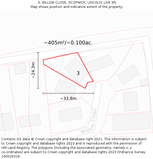 3, WILLOW CLOSE, SCOPWICK, LINCOLN, LN4 3PJ: Plot and title map