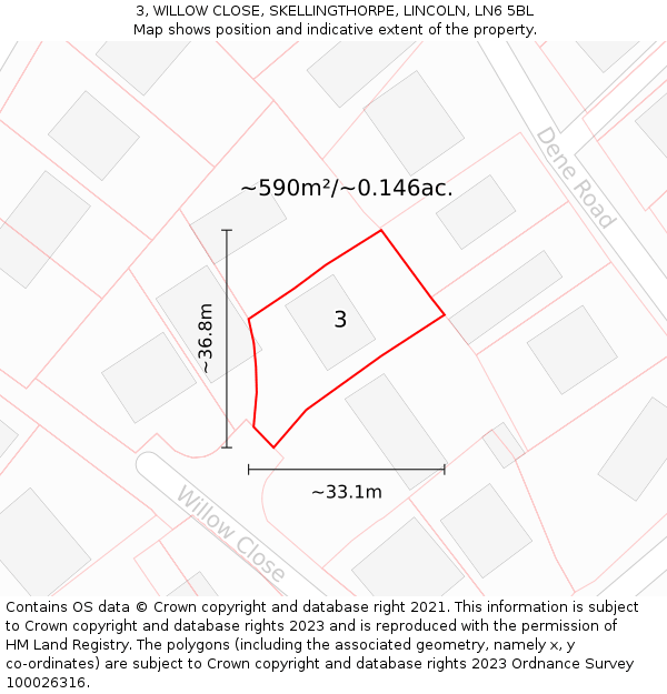 3, WILLOW CLOSE, SKELLINGTHORPE, LINCOLN, LN6 5BL: Plot and title map