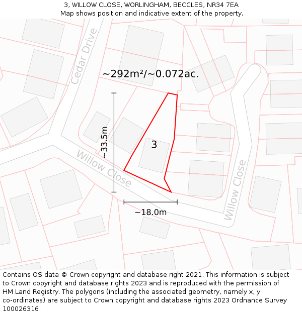 3, WILLOW CLOSE, WORLINGHAM, BECCLES, NR34 7EA: Plot and title map
