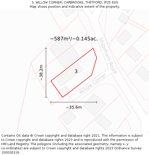3, WILLOW CORNER, CARBROOKE, THETFORD, IP25 6SS: Plot and title map