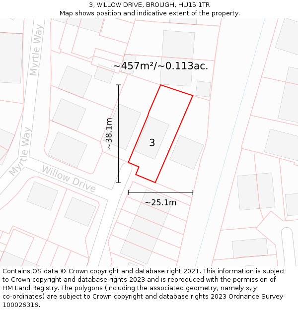 3, WILLOW DRIVE, BROUGH, HU15 1TR: Plot and title map