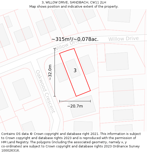 3, WILLOW DRIVE, SANDBACH, CW11 2LH: Plot and title map