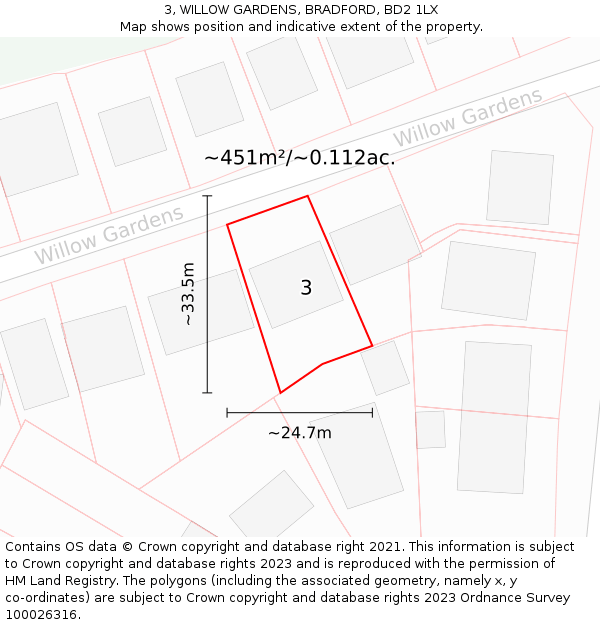 3, WILLOW GARDENS, BRADFORD, BD2 1LX: Plot and title map