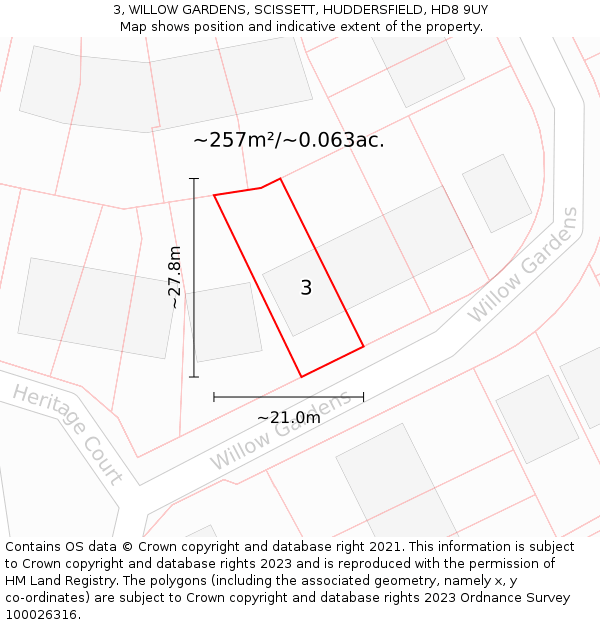 3, WILLOW GARDENS, SCISSETT, HUDDERSFIELD, HD8 9UY: Plot and title map