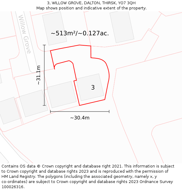 3, WILLOW GROVE, DALTON, THIRSK, YO7 3QH: Plot and title map