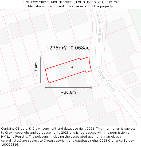 3, WILLOW GROVE, MOUNTSORREL, LOUGHBOROUGH, LE12 7ST: Plot and title map