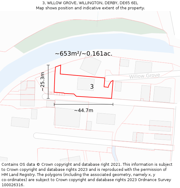 3, WILLOW GROVE, WILLINGTON, DERBY, DE65 6EL: Plot and title map