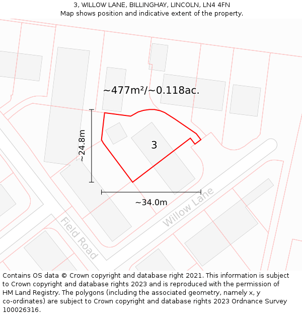 3, WILLOW LANE, BILLINGHAY, LINCOLN, LN4 4FN: Plot and title map