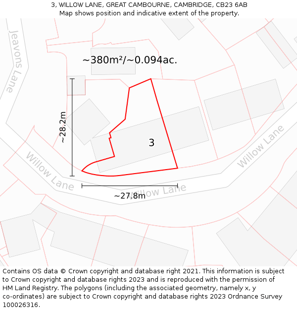 3, WILLOW LANE, GREAT CAMBOURNE, CAMBRIDGE, CB23 6AB: Plot and title map